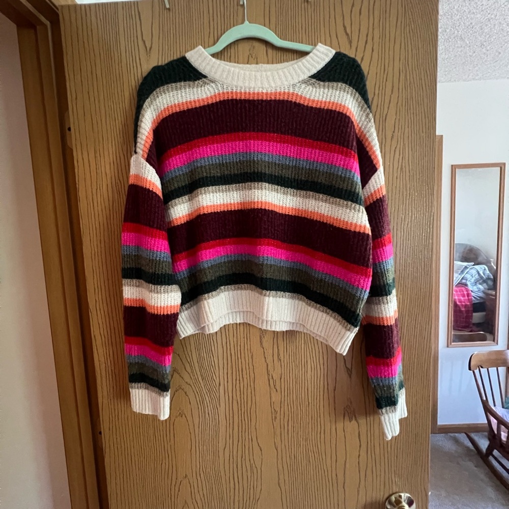 American Eagle Outfitters Pink and Cream Striped Crew Neck Sweater